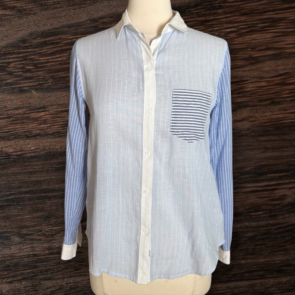 Rails Striped‎ Colorblock Blouse Sz XS 38" Bust Womens Light Blue Stripes Preppy